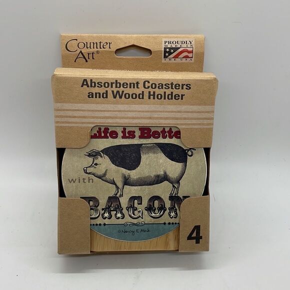 New CounterArt Absorbent Coaster Set (4) Pig  with Wood Holder 4" square Gift - Picture 8 of 8